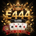 E444 Game APK logo — gold E444 crown emblem with playing cards, roulette wheel and casino chips for the Pakistan earning app