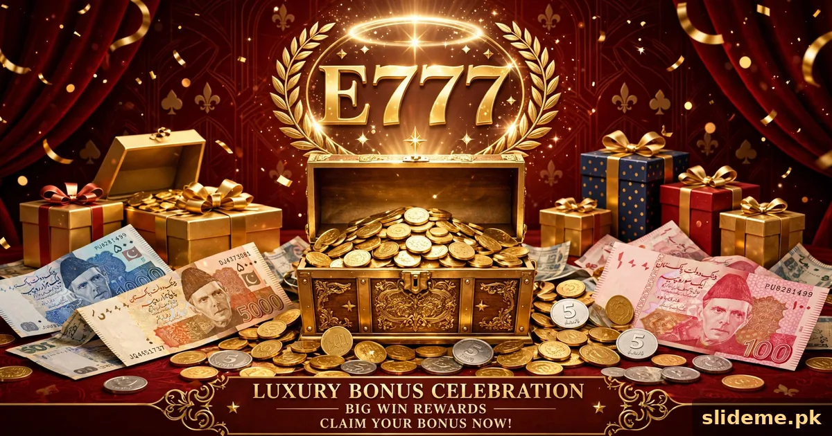 E7777 Game bonuses — PKR 77 signup bonus, 30% welcome reward and PKR 588 referral with golden treasure chest, slideme.pk