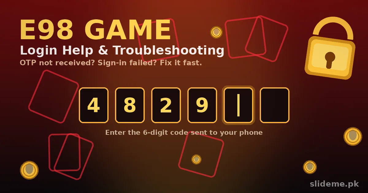 E98 Game login screen with OTP code entry on phone