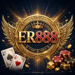 ER888 Game logo - gold and crimson ER888 casino emblem with crown, cards and chips