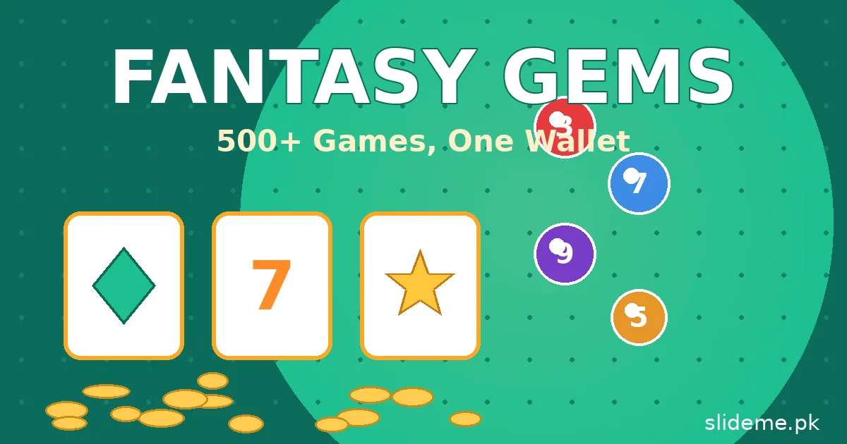 Fantasy Gems 500 plus games lobby banner with slots lottery balls and gold coins