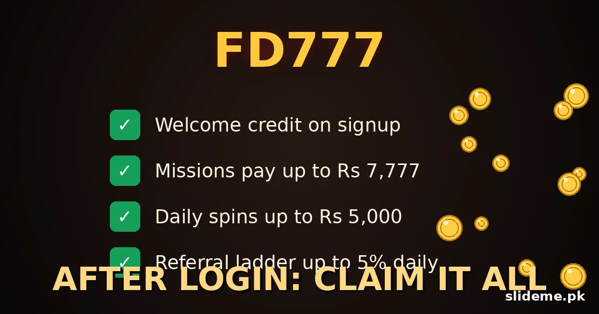 FD777 after-login rewards checklist art with golden emblem