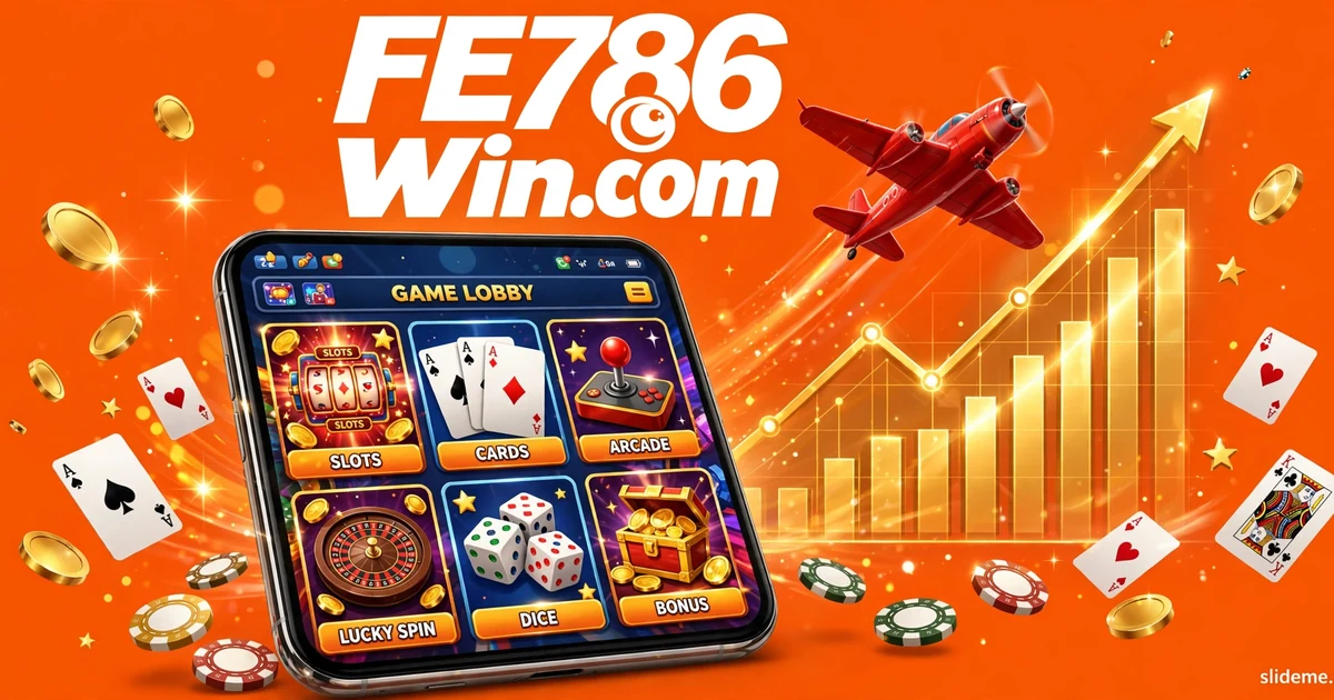 FE786Win game lobby showing slots, cards, arcade and Aviator games on mobile