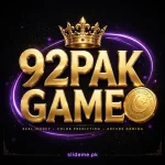 92 Pak Game logo – gold crown 92PAK GAME wordmark with purple swoosh, real-money color prediction app Pakistan