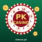 PKCasino game logo — gold 3D PK Casino wordmark on a red and white numbered wheel with marquee bulbs