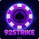 92 Strike game logo – purple casino chip with black spade and glossy 3D 92STRIKE lettering