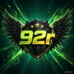 92R game logo – winged shield crest with glowing lime-gold 92r letters on emerald