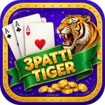 3 Patti Tiger Game app icon — golden roaring tiger with three fanned aces and gold 3Patti Tiger logo on royal purple