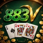 883V Game official green and gold logo on a casino table with playing cards and gold coins