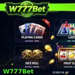 W777Bet game logo with neon green W777 wordmark and casino game tiles