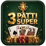 3 Patti Super game logo with golden trophy, playing cards and poker chips on a green card table