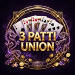 3 Patti Union game logo emblem with glossy gold lettering and playing cards