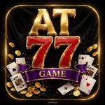 AT77 Game app logo with gold AT letters and red 77 digits on black casino background for slideme.pk