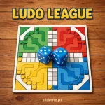 Ludo League Game icon — classic four-color Ludo board with blue dice on wooden table