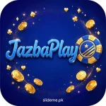 Jazba Play Game app logo — blue JazbaPlay script with blue-gold casino chip emblem and gold coins