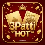 3 Patti Hot Game app logo — gold 3Patti HOT wordmark with ace and king of spades and crown on deep red