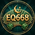 EQ668 Game official-style gold logo with crescent moon, star, dice and playing cards on dark teal background