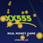 XX555 Game official-style logo — lime-green XX555 wordmark with gold swoosh and gold coins on dark navy