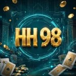 HH98 Game logo — gold glossy 3D HH98 logotype with cyan ring, gold coins and cards on teal casino background