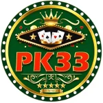PK33 Game logo — green and gold casino medallion with red PK33 letters, gold crown and playing-card aces