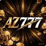 AZ777 Game logo in gold and white with gold star on black casino background