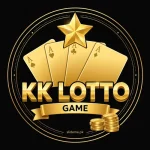 KK Lotto Game official-style logo emblem with golden ace cards, gold star and KK LOTTO wordmark on black