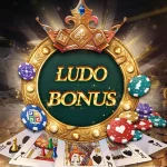 Ludo Bonus game logo — golden crown badge with Ludo Bonus text, poker chips and playing cards