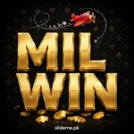 Mil Win game logo — gold 3D Mil Win letters with a red airplane and gold coins, official Mil Win APK icon