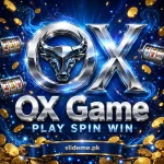 OX Game official chrome OX logo with bull emblem and PLAY SPIN WIN tagline on deep blue background