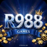 R988 Game APK download – glossy metallic-blue 3D R988 letters with gold crown and GAMES ribbon, gold coins on royal blue