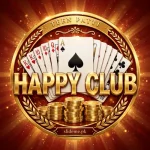 Teen Patti Happy Club Game logo with golden Happy Club emblem, playing cards and poker chips