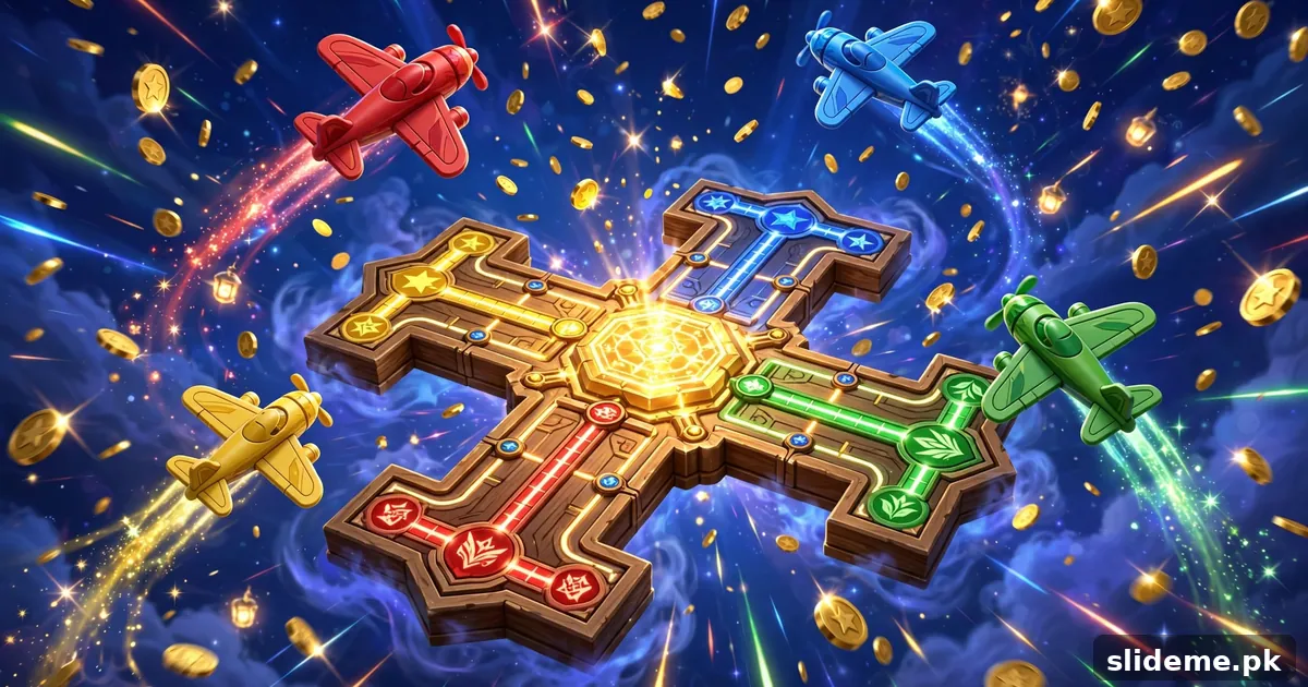 Flying Chess game hero art – glowing aeroplane-chess board with soaring plane tokens and raining gold coins