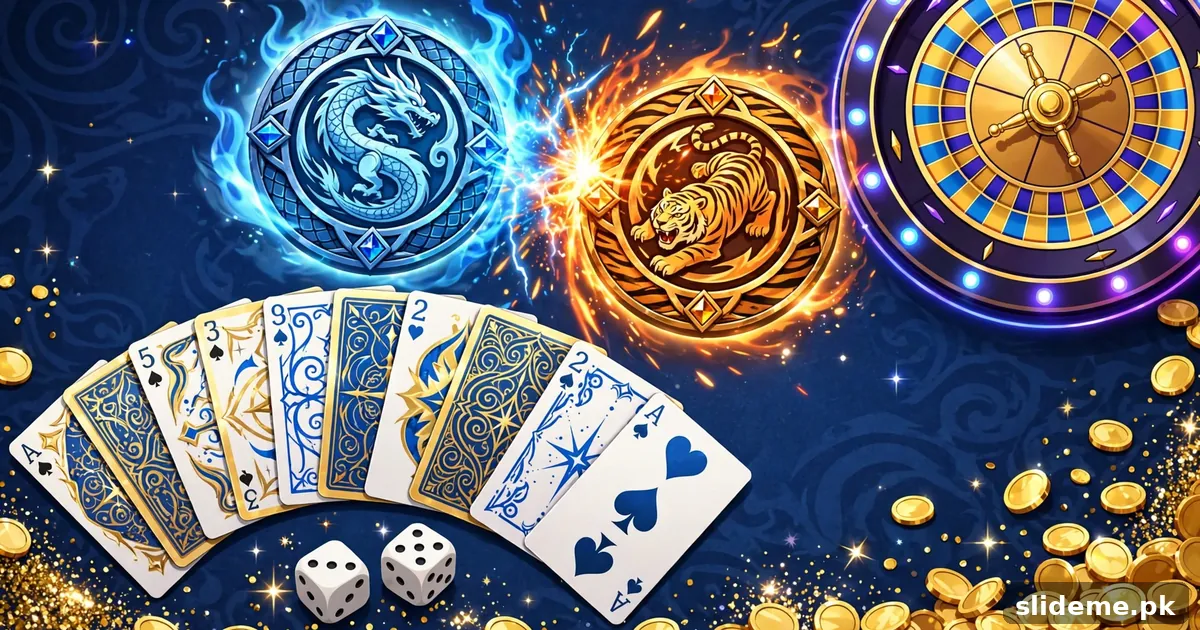 Games inside Flying Chess – playing cards, dice, roulette wheel and Dragon vs Tiger tokens on a gaming table