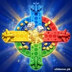Flying Chess game featured art – colorful aeroplane-chess board with plane tokens, dice and gold coins