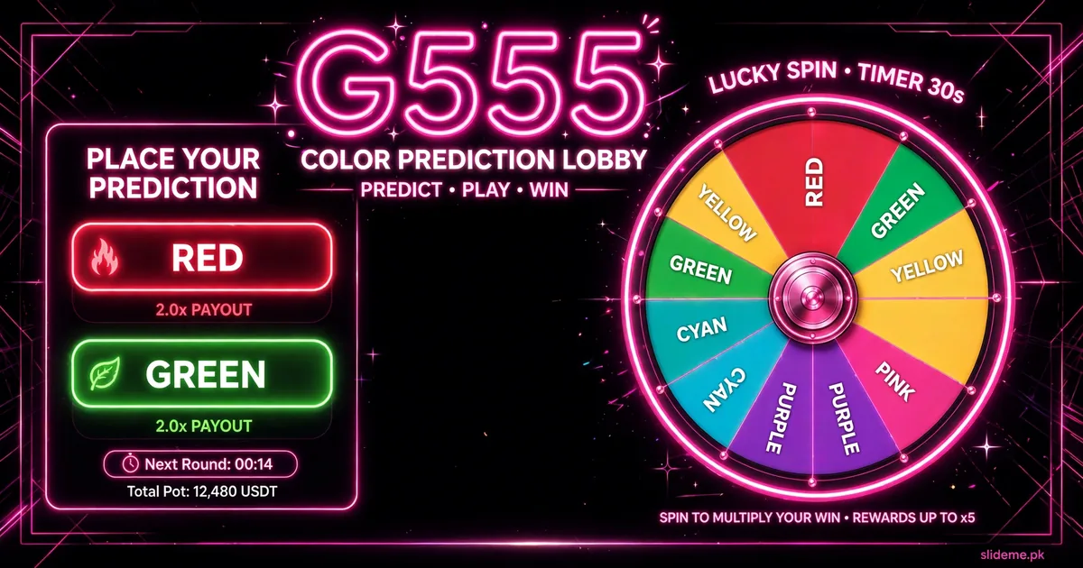 G555 Game color prediction lobby with red green buttons and spin wheel in neon style