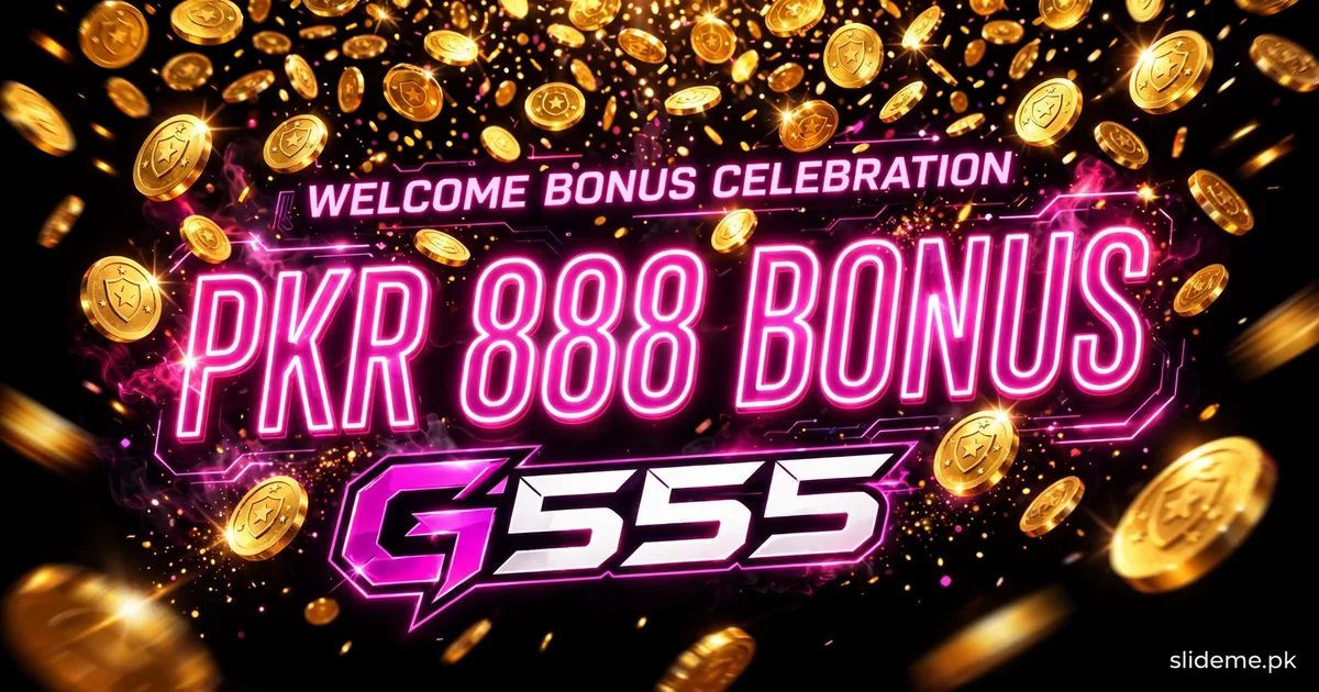 G555 Game PKR 888 welcome bonus celebration with gold coins in neon pink style