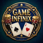 Game Infinix logo emblem — glossy gold 3D letters with poker chips and ace cards on royal blue
