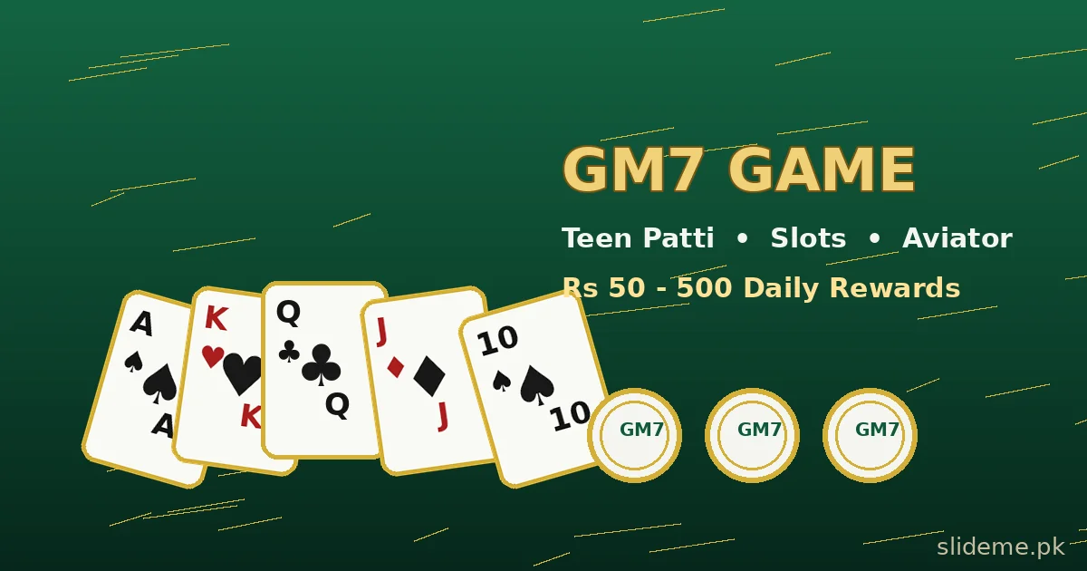 GM7 Game Teen Patti and slots lobby with gold cards on emerald green casino table