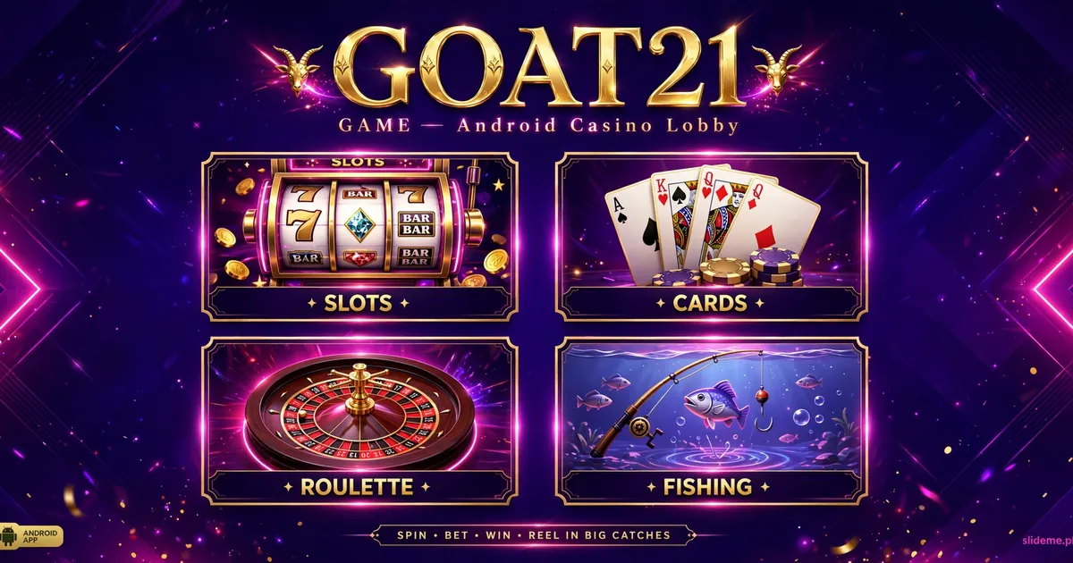 GOAT21 Game lobby – slots, cards, roulette and fishing game tiles.