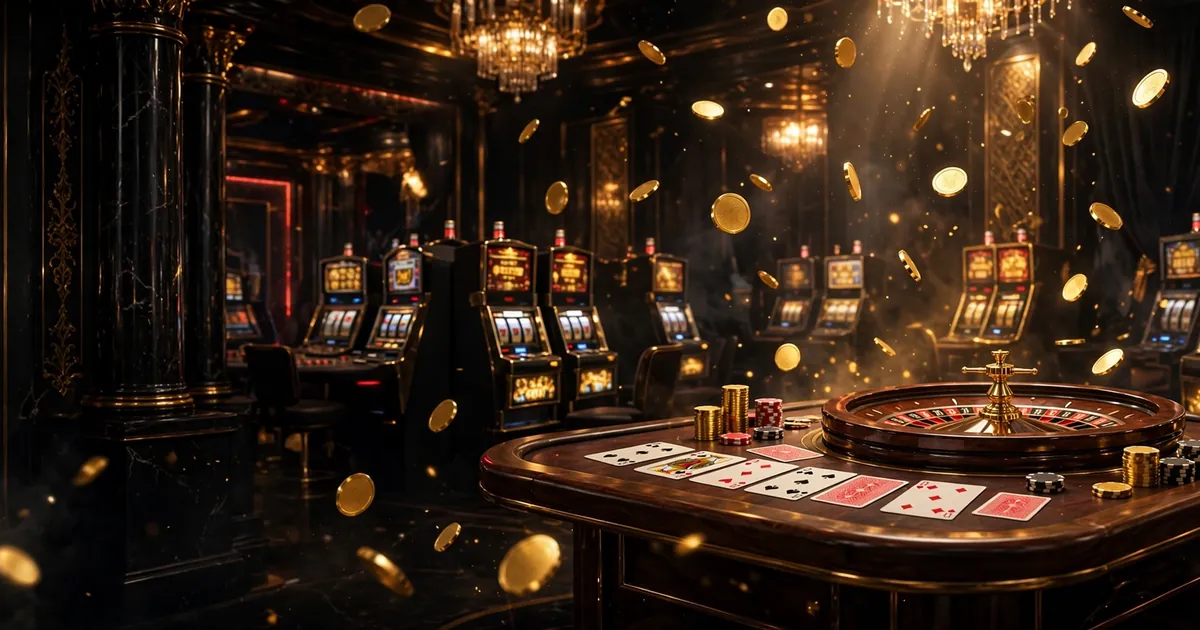 GoldsBet Game casino banner with gold GOLDSBET logo, slot machines and roulette in dark luxury casino hall