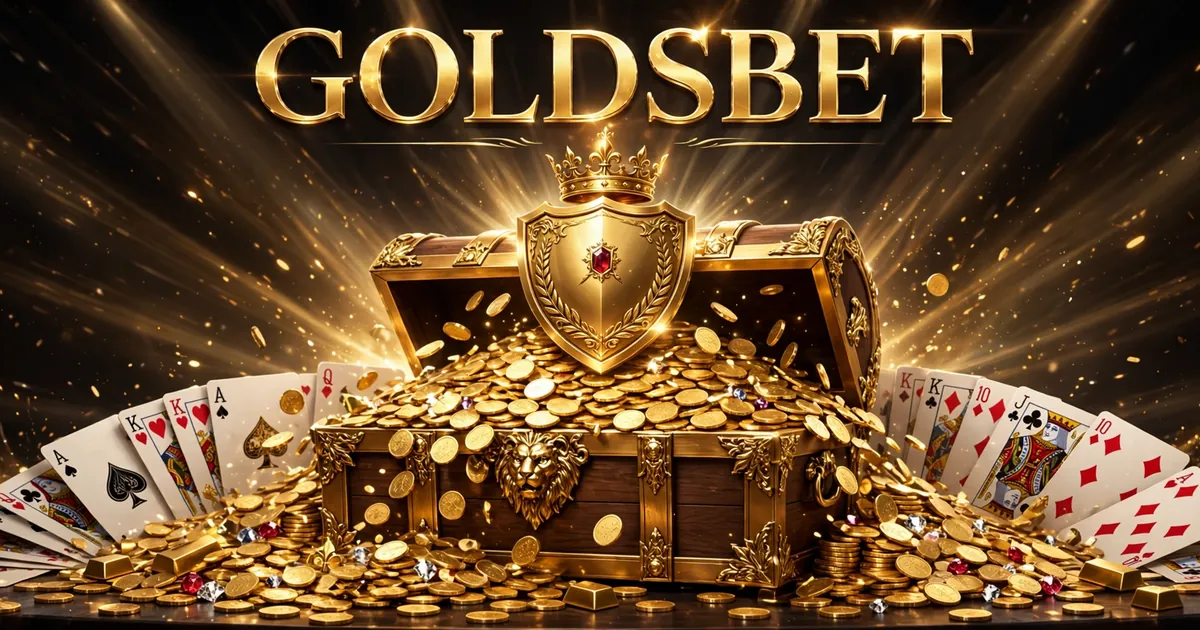 GoldsBet Game rewards banner with golden treasure chest, VIP shield and gold coins on dark background
