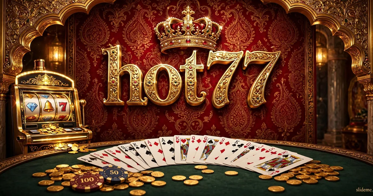 Hot77 Game casino lobby banner with golden hot77 wordmark, slot machine, poker cards and gold coins