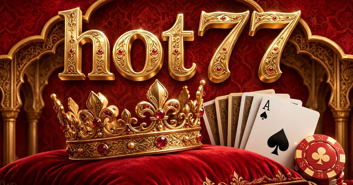 Hot77 Game brand banner with jeweled golden crown, ace of spades cards and red poker chip