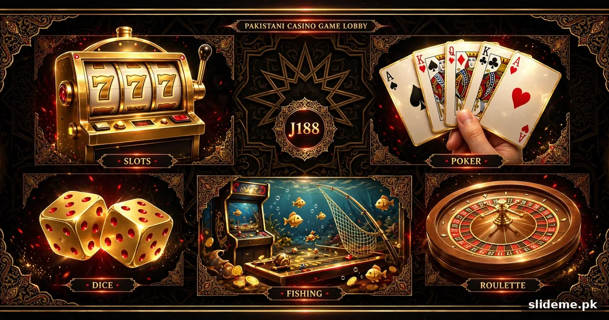 J188 Game lobby – slot machine, poker cards, dice and fishing games