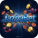 JazbaBet Game logo — glossy blue 3D JazbaBet letters with gold coins on dark navy casino icon, slideme.pk