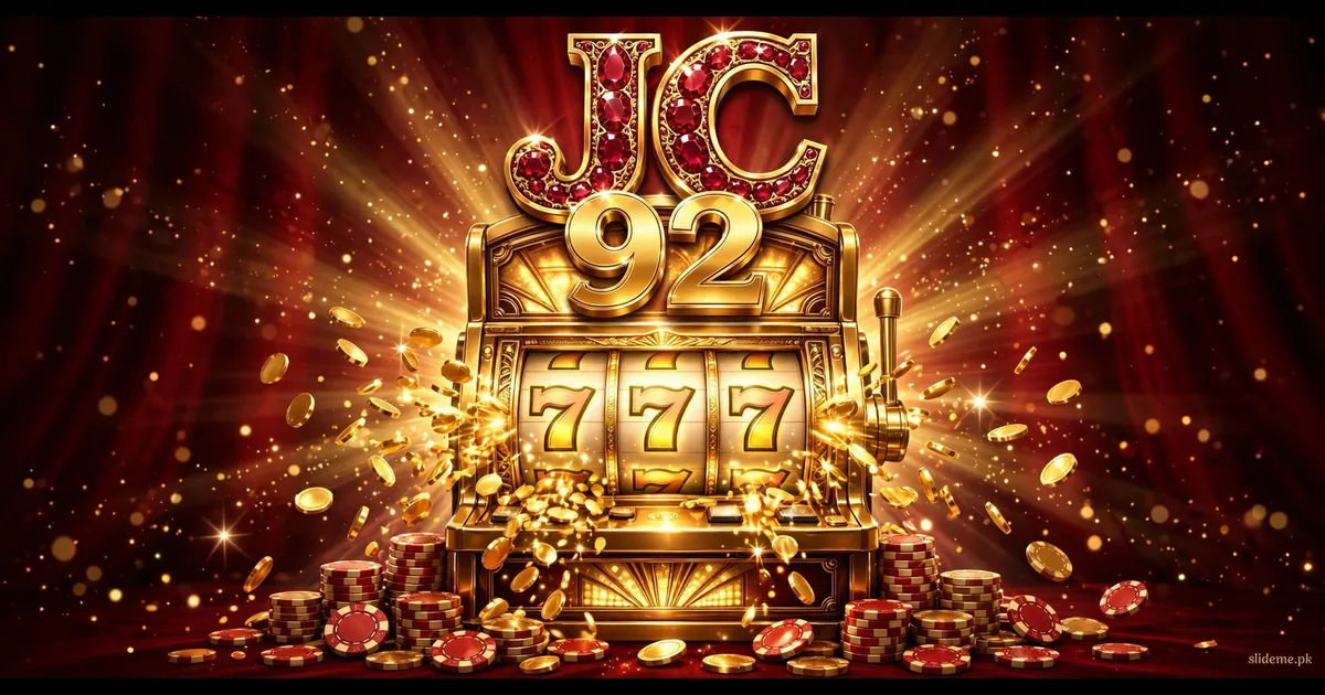 JC92 Game slots banner — golden 777 slot machine with JC92 logo showering gold coins