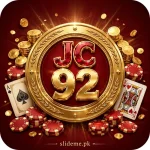 JC92 Game logo — jeweled red JC letters and gold 92 on crimson with coins and cards