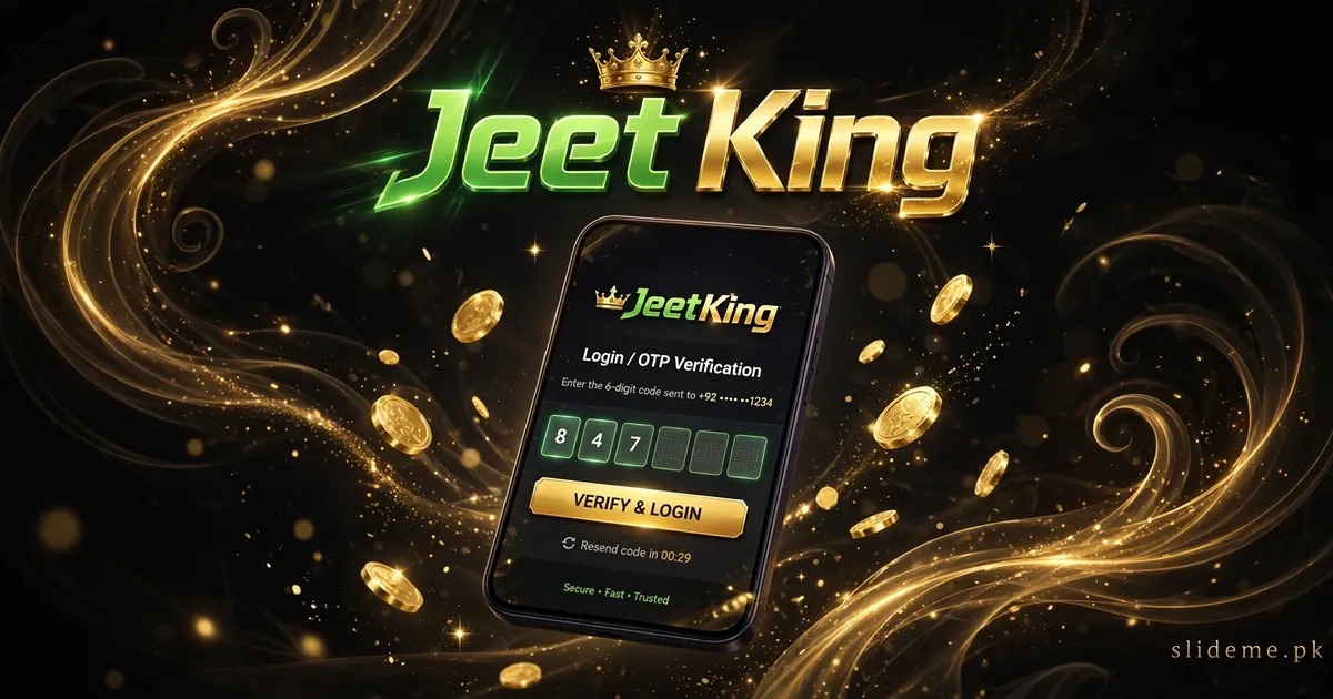 JeetKing sign-in steps — OTP verification on a mobile phone with gold coins and green-gold branding