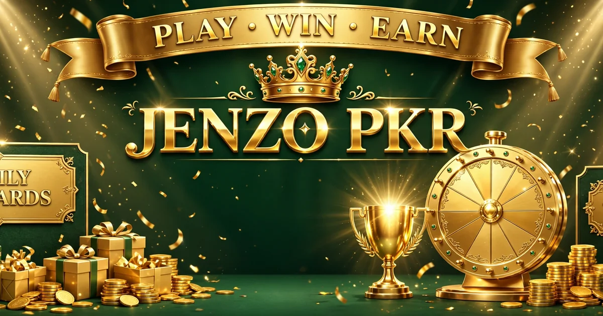 Jenzo PKR daily rewards and tournaments — golden prize wheel, trophy, gift boxes and coins