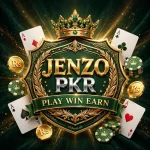 Jenzo PKR Game logo — gold JENZO and chrome PKR emblem with golden crown on a green casino background